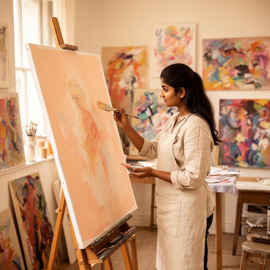 Aadya Mittal painting in her studio
